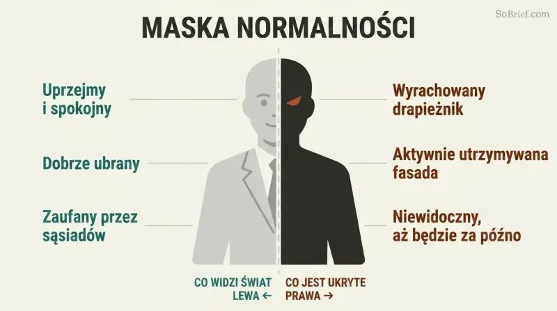 A single human silhouette split vertically, with a polished respectable left half and a dark predatory right half, showing the concealed duality of outward normalcy hiding inner danger.