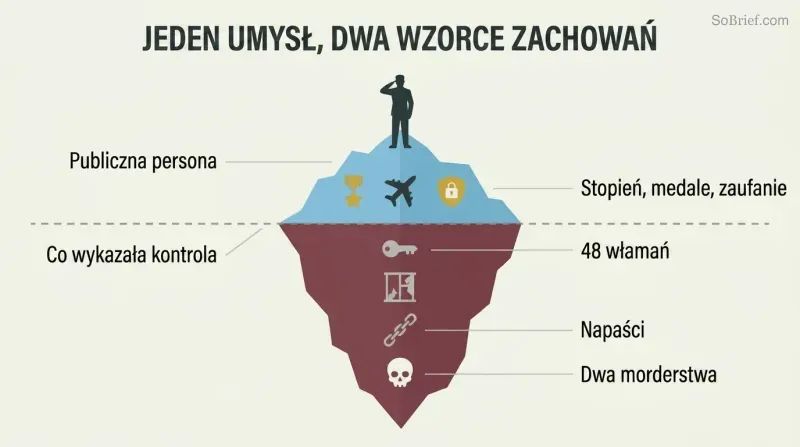 Iceberg diagram showing a decorated military silhouette above the waterline and escalating criminal symbols hidden in a much larger mass below.
