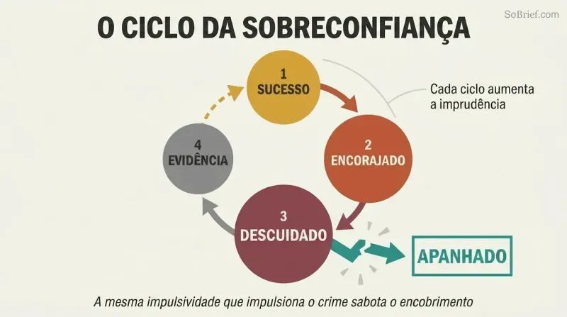 Circular cycle showing how criminal success breeds overconfidence, then carelessness, then evidence, with the loop breaking apart at capture.