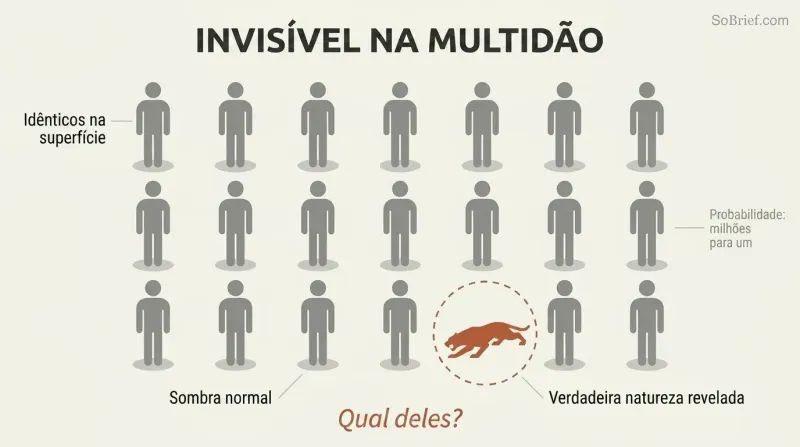 Grid of identical human silhouettes where one casts a menacing predator-shaped shadow, showing how killers blend in undetected among ordinary people.