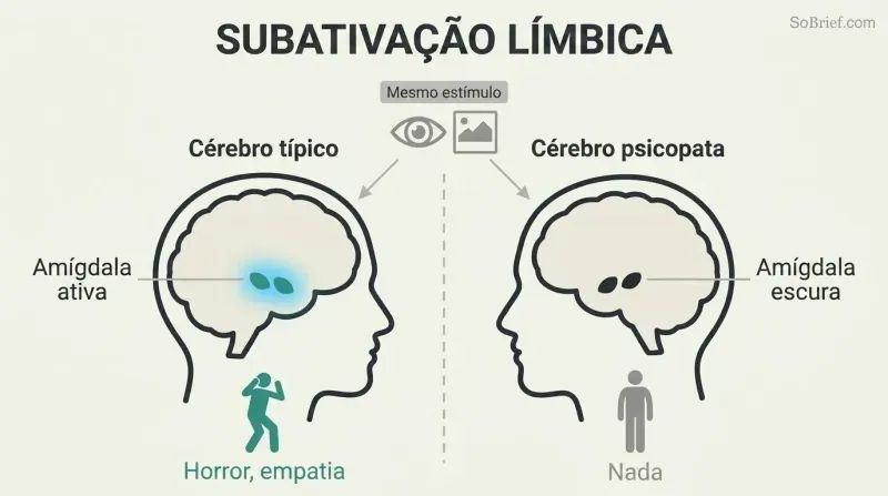 Split comparison of two brain profiles showing a brightly active amygdala in a normal brain versus a dark, inactive amygdala in a psychopath's brain given the same stimulus.
