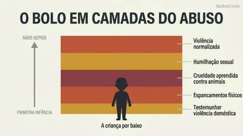 Stacked horizontal layers in warm negative colors accumulate around a small child silhouette, each labeled with a different form of childhood abuse, showing gradual buildup over time.