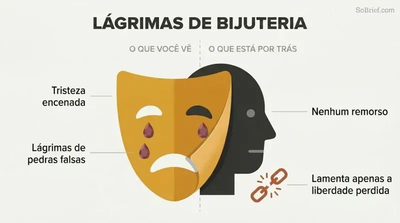 A theatrical crying mask peels away to reveal a cold indifferent face behind it, showing that performed remorse conceals only self-pity about being caught.