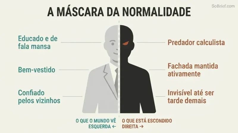 A single human silhouette split vertically, with a polished respectable left half and a dark predatory right half, showing the concealed duality of outward normalcy hiding inner danger.