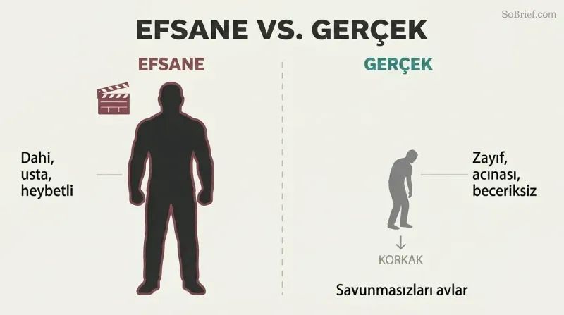 Split panel contrasting a large imposing silhouette labeled as the Hollywood myth against a small hunched figure representing the actual cowardly reality of serial killers.