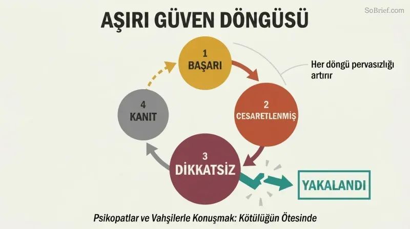 Circular cycle showing how criminal success breeds overconfidence, then carelessness, then evidence, with the loop breaking apart at capture.
