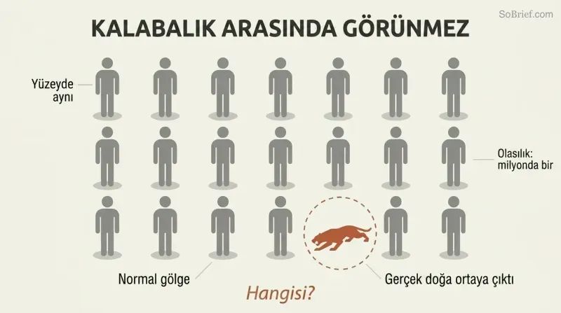 Grid of identical human silhouettes where one casts a menacing predator-shaped shadow, showing how killers blend in undetected among ordinary people.