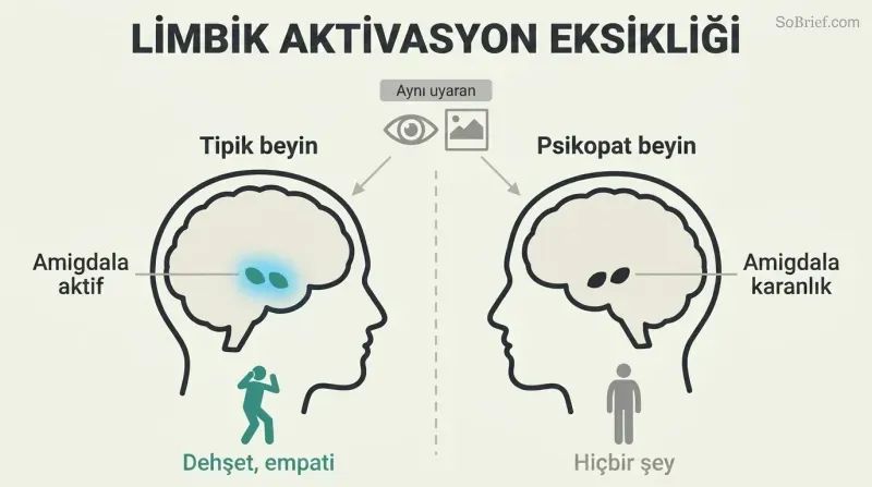 Split comparison of two brain profiles showing a brightly active amygdala in a normal brain versus a dark, inactive amygdala in a psychopath's brain given the same stimulus.