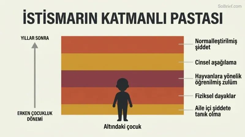 Stacked horizontal layers in warm negative colors accumulate around a small child silhouette, each labeled with a different form of childhood abuse, showing gradual buildup over time.