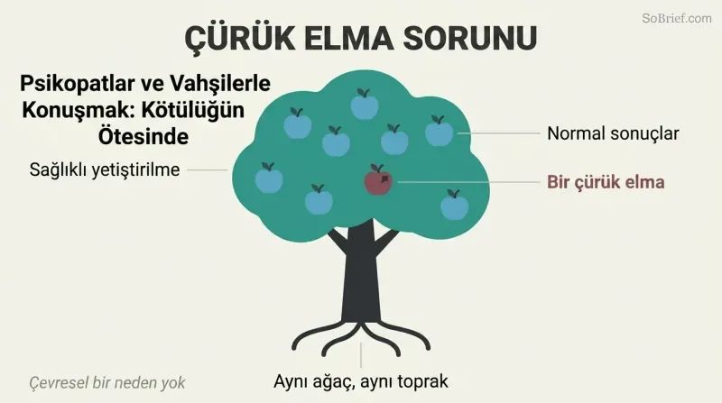 A healthy tree bearing seven teal apples and one dark rotten apple, showing how identical upbringing can still produce one anomalous outcome.