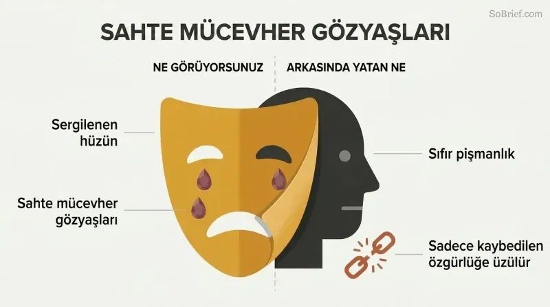 A theatrical crying mask peels away to reveal a cold indifferent face behind it, showing that performed remorse conceals only self-pity about being caught.