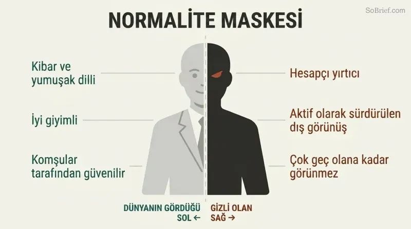 A single human silhouette split vertically, with a polished respectable left half and a dark predatory right half, showing the concealed duality of outward normalcy hiding inner danger.