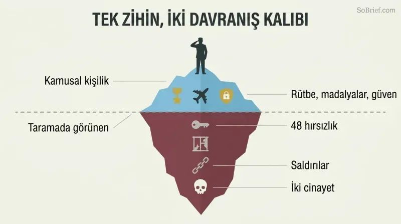 Iceberg diagram showing a decorated military silhouette above the waterline and escalating criminal symbols hidden in a much larger mass below.