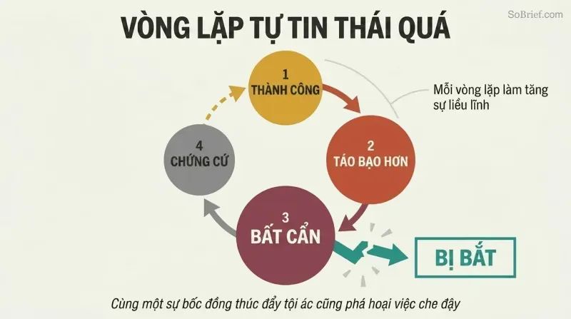 Circular cycle showing how criminal success breeds overconfidence, then carelessness, then evidence, with the loop breaking apart at capture.