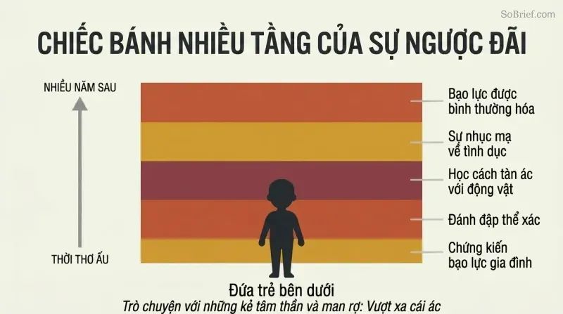 Stacked horizontal layers in warm negative colors accumulate around a small child silhouette, each labeled with a different form of childhood abuse, showing gradual buildup over time.