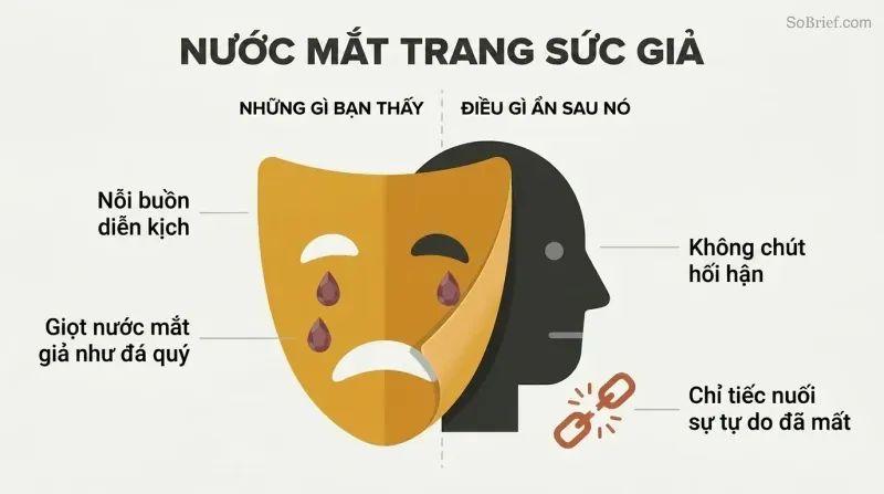 A theatrical crying mask peels away to reveal a cold indifferent face behind it, showing that performed remorse conceals only self-pity about being caught.