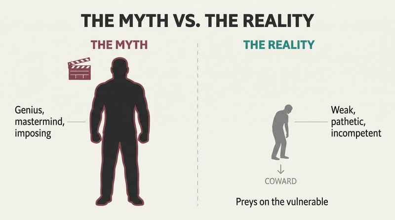 Split panel contrasting a large imposing silhouette labeled as the Hollywood myth against a small hunched figure representing the actual cowardly reality of serial killers.