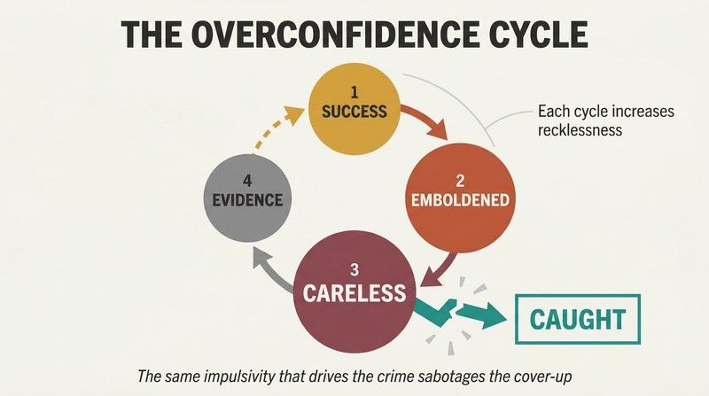 Circular cycle showing how criminal success breeds overconfidence, then carelessness, then evidence, with the loop breaking apart at capture.