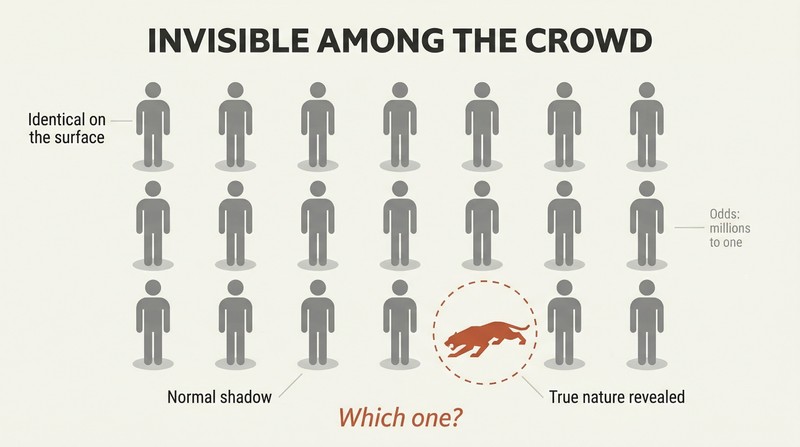 Grid of identical human silhouettes where one casts a menacing predator-shaped shadow, showing how killers blend in undetected among ordinary people.
