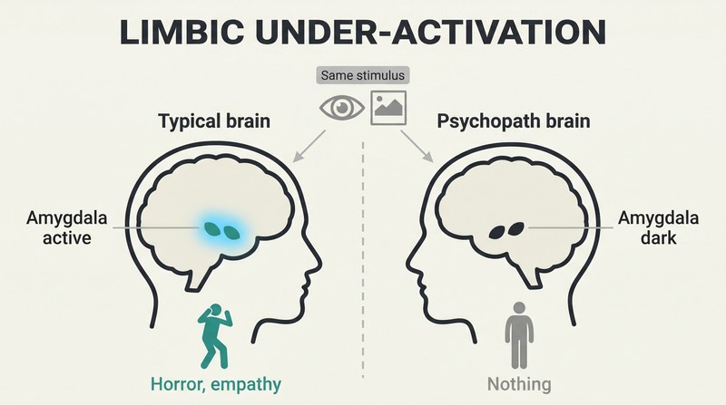 Split comparison of two brain profiles showing a brightly active amygdala in a normal brain versus a dark, inactive amygdala in a psychopath's brain given the same stimulus.