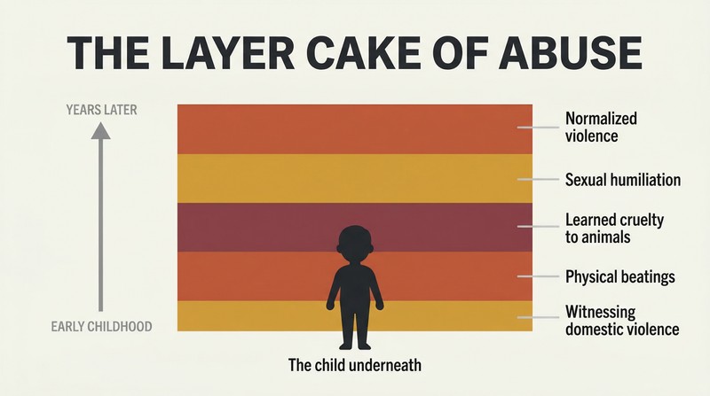 Stacked horizontal layers in warm negative colors accumulate around a small child silhouette, each labeled with a different form of childhood abuse, showing gradual buildup over time.