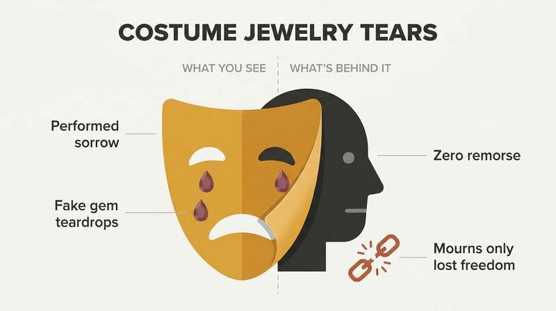 A theatrical crying mask peels away to reveal a cold indifferent face behind it, showing that performed remorse conceals only self-pity about being caught.