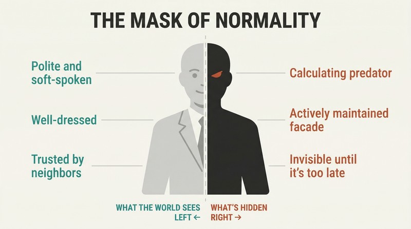 A single human silhouette split vertically, with a polished respectable left half and a dark predatory right half, showing the concealed duality of outward normalcy hiding inner danger.