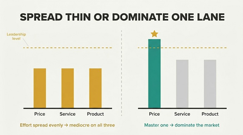 Two bar charts comparing a company spread evenly across three value dimensions staying mediocre against a focused company that dominates one dimension.