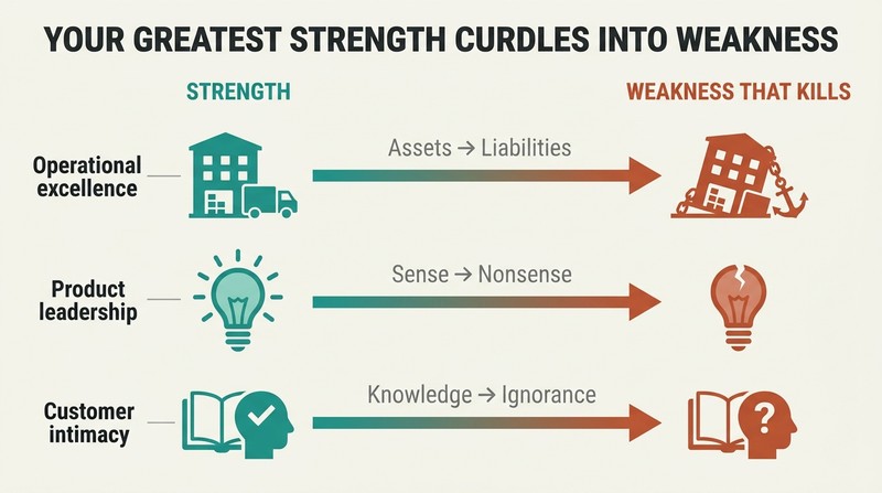 Three stacked rows each show a company's core strength transforming through a decay arrow into the weakness that destroys it.