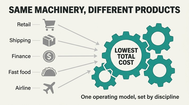 Five different-industry icons each feed by arrow into one shared interlocking-gear machine labeled lowest total cost, showing operating models cluster by discipline.