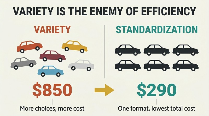 Split panel contrasting a jumble of varied costly cars on the left against neat rows of identical cheap cars on the right. Period.