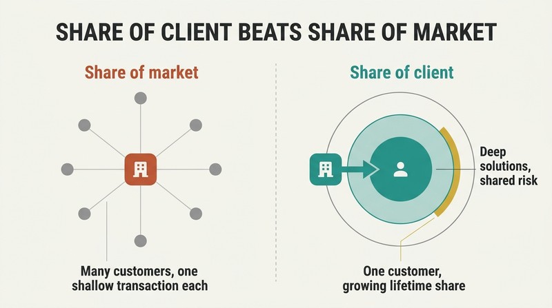 Split panel contrasting one firm linked thinly to many customers against the same firm deeply embedded in a single client.