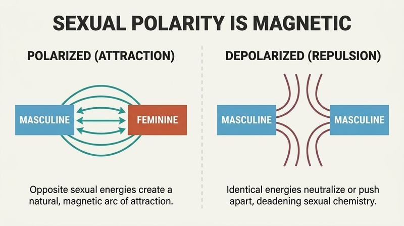 Split diagram comparing opposite energies attracting with identical energies repelling, using bar magnets to demonstrate polarization and depolarization.