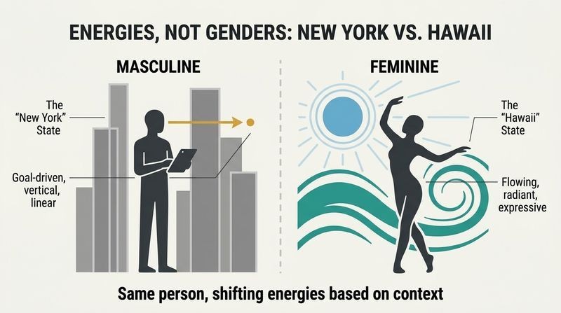 Split panel diagram demonstrating David Deida's concept of masculine and feminine energies as universal states accessible to anyone, contrasting a structured "New York" focus with a flowing "Hawaii" presence.