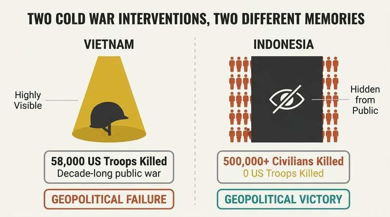 Split panel diagram contrasting the highly visible Vietnam War stalemate with the forgotten, hidden mass murder in Indonesia that US officials privately considered a bigger victory.