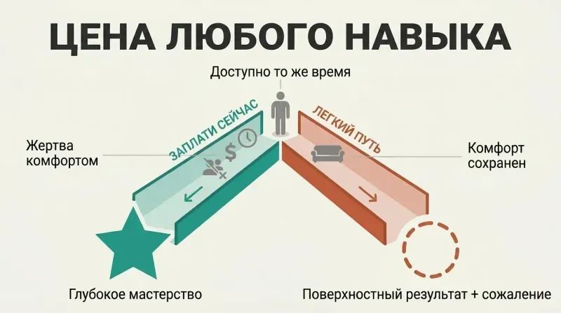 Fork diagram showing how sacrificing comfort now leads to skill mastery, while choosing the easy route leads to regret later.