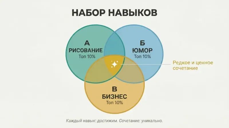 Three-circle Venn diagram showing how top-10% abilities in drawing, humor, and business overlap to create a rare and valuable combination at their center intersection.