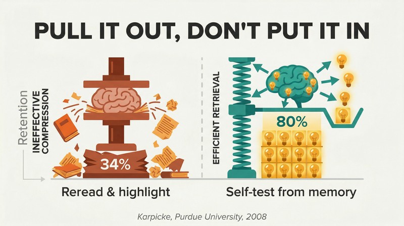 Split comparison showing passive rereading yielding 34% retention on the left versus active self-testing yielding 80% retention on the right, with contrasting brain icons and vertical bars.
