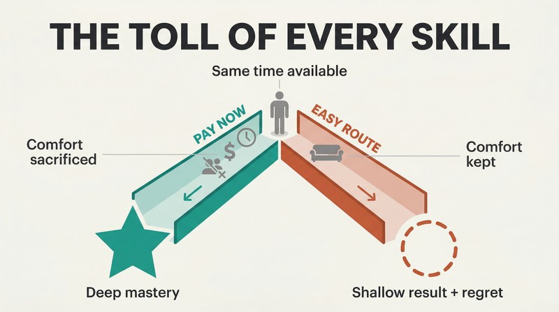 Fork diagram showing how sacrificing comfort now leads to skill mastery, while choosing the easy route leads to regret later.