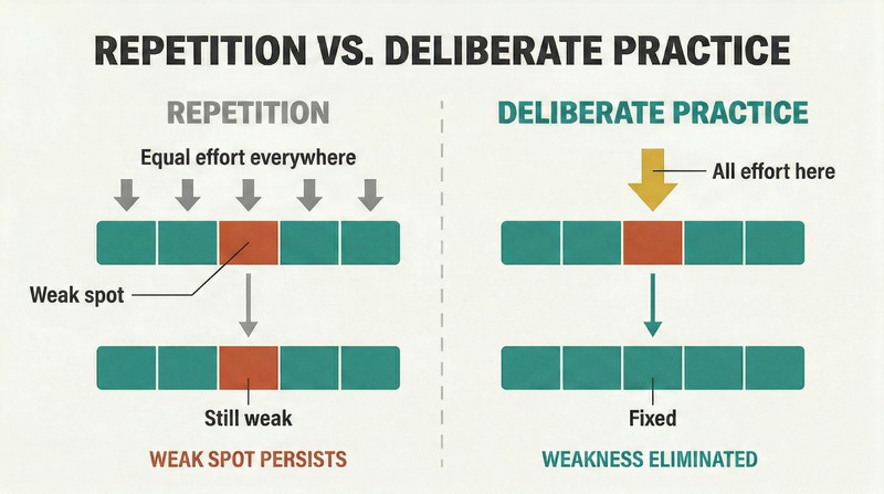 Split panel comparing two practice approaches: evenly spreading effort across all skill segments versus targeting the single weak section until it matches the rest.