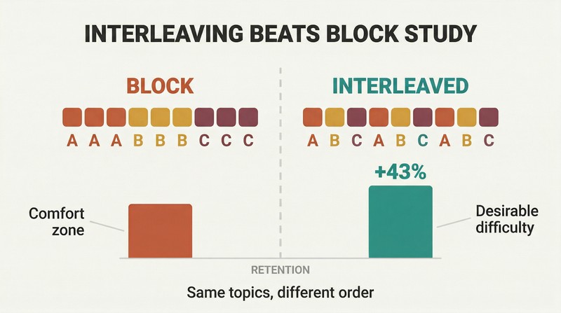 Split comparison showing block study as grouped colored squares versus interleaved study as shuffled colored squares, with a 43% retention advantage for interleaving.