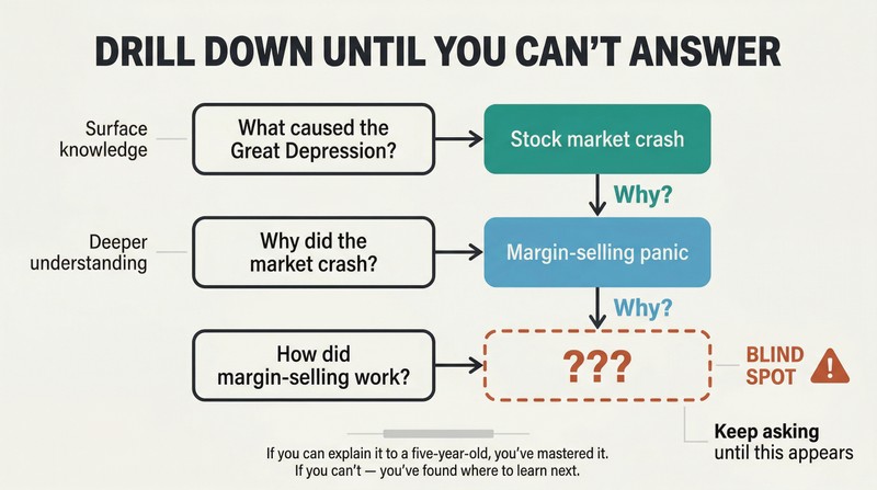 Descending chain of question-and-answer pairs connected by "Why?" arrows, with confident answers at the top fading to a highlighted blind spot gap at the bottom.