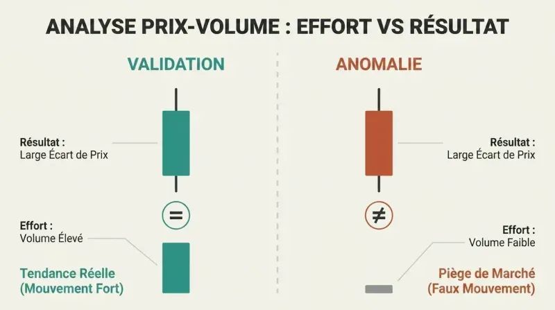 Split panel diagram comparing a validated market move where high volume matches a wide price spread, against an anomaly where low volume fails to support a wide price spread.