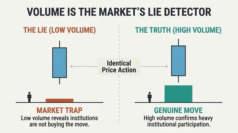 A split-panel diagram comparing how identical upward price candles are exposed as a trap by low volume, or verified as a real trend by high volume.