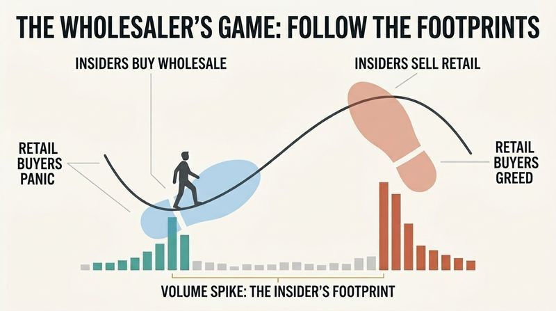 A conceptual market cycle chart demonstrating how giant volume spikes act as the physical footprints of market insiders buying at wholesale and selling at retail.