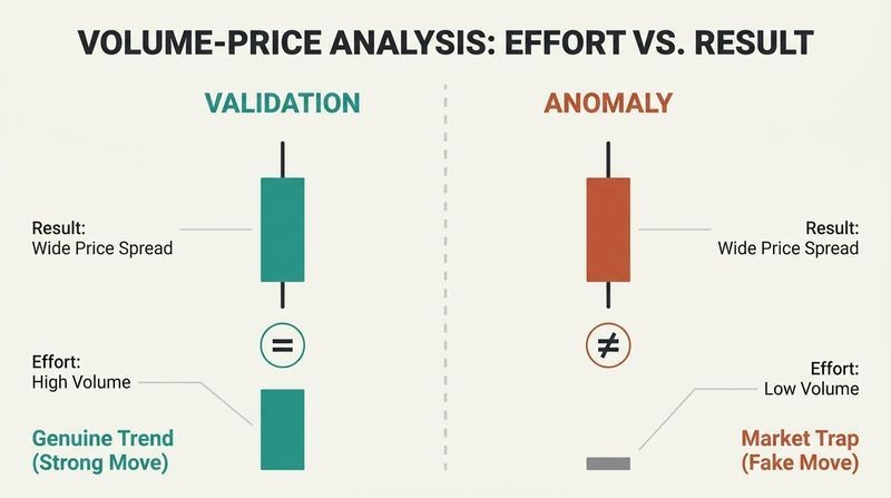 Split panel diagram comparing a validated market move where high volume matches a wide price spread, against an anomaly where low volume fails to support a wide price spread.
