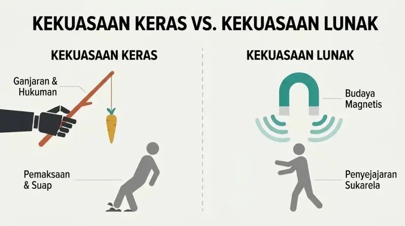 Split panel diagram comparing coercive hard power using sticks and carrots with attractive soft power using magnetic cultural appeal.
