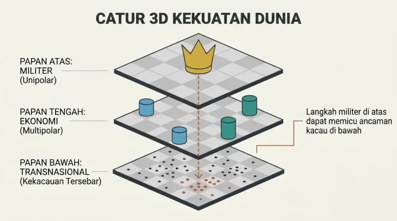 Three stacked isometric game boards representing military, economic, and transnational power, showing how a action on the top board impacts the bottom.
