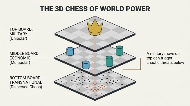 Three stacked isometric game boards representing military, economic, and transnational power, showing how a action on the top board impacts the bottom.