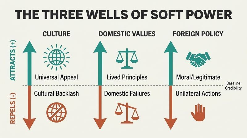 A triple split-column diagram illustrating the three sources of soft power—culture, domestic values, and foreign policy—showing how each can either generate global attractiveness or backfire and repel.